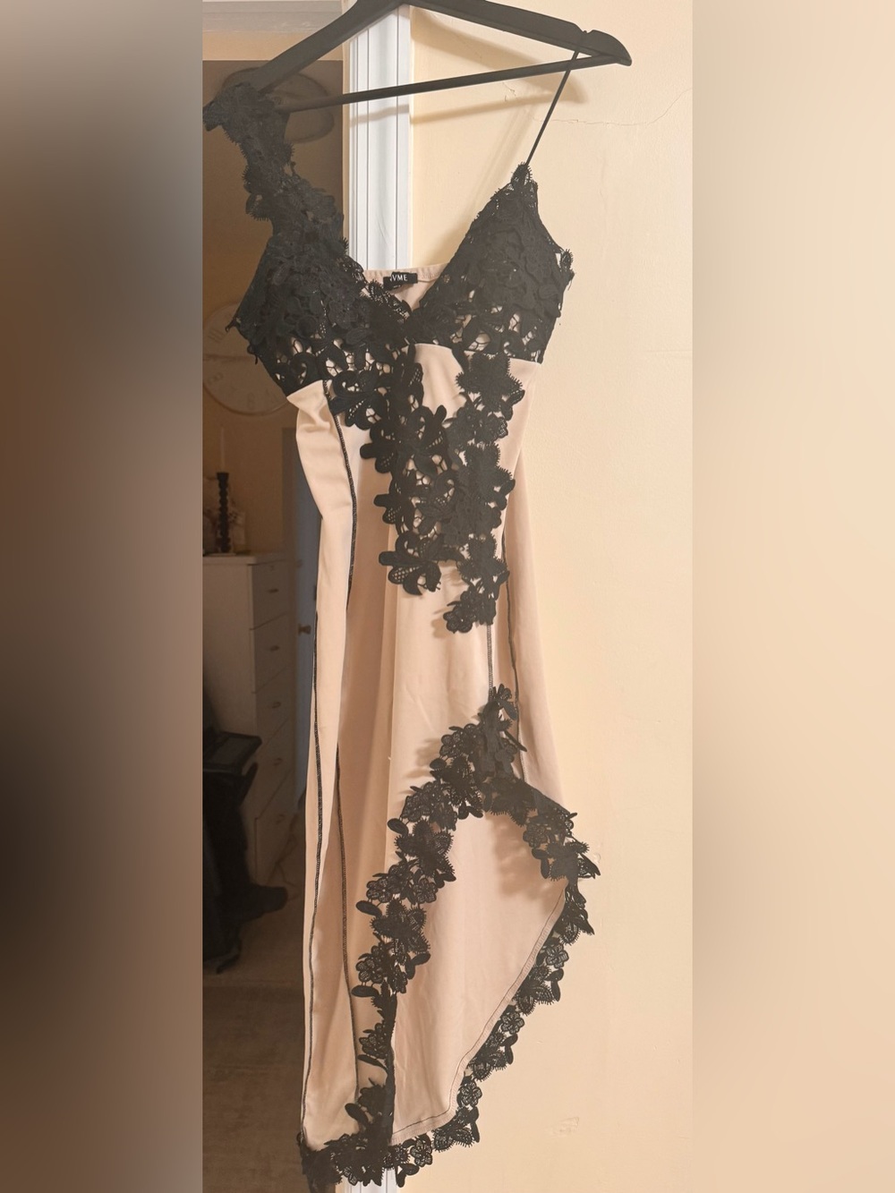 VM Strapless Beige Dress with Black Lace Trim
